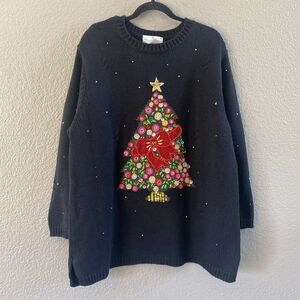 Christopher Radko Sweater Womens  1x Black Embellished Tree Christmas Beaded
